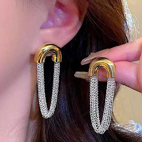 Gold Silver Chain Link Dangle Earrings Punk Retro Minimalist - Picture 8 of 10